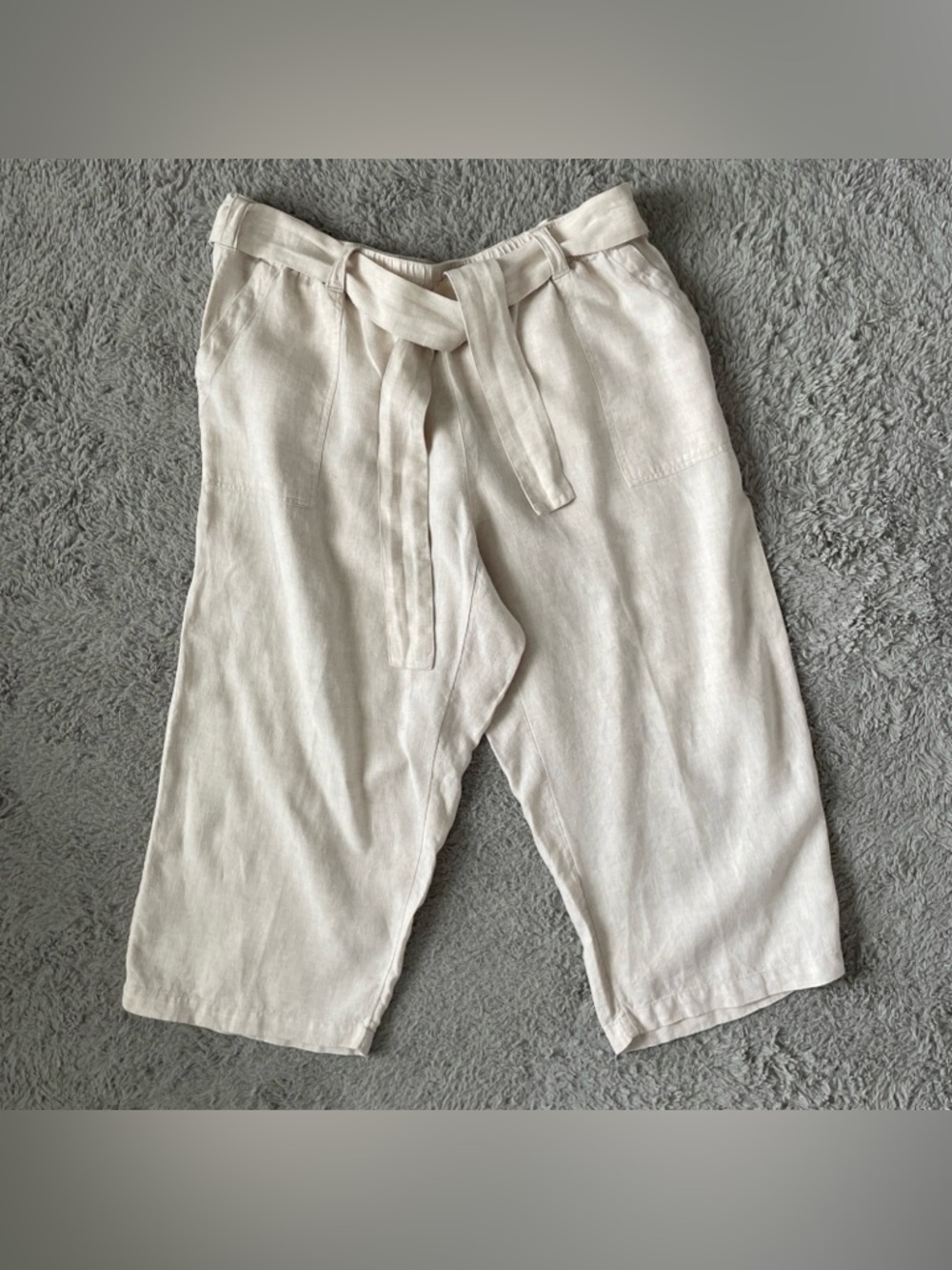 Lands End 100% Linen Wide Leg Mid Rise Crop Pants Size 20W Belted Pockets Beige